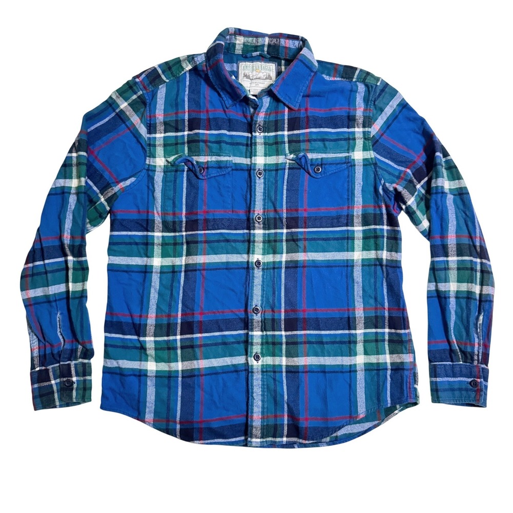 American Eagle Flannel Shirt Medium Blue Green Plaid Button Down Long Sleeve